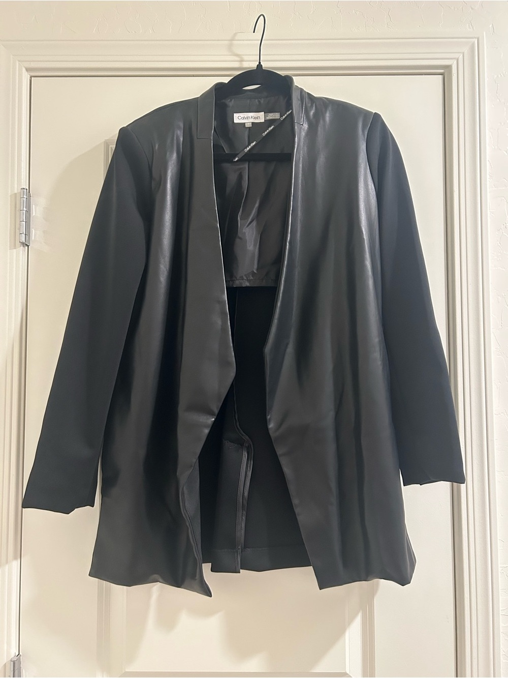 Calvin Klein Black Long Open-Front Faux Leather-Panel Blazer